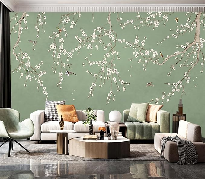 Cliouar-Decor Beautiful Wallpaper Birds and Flower Green Background Peel and Stick 90" x 67"