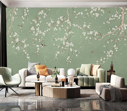 Cliouar-Decor Beautiful Wallpaper Birds and Flower Green Background Peel and Stick 90" x 67"
