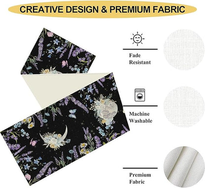 Boho Floral Table Runner, Spring Gothic Moon Phase Wildflower Mystical Witchy Farmhouse Coffee Table Center Decor for Home Kitchen Dining Patio Holiday Party Table Decorations 13x36 inches
