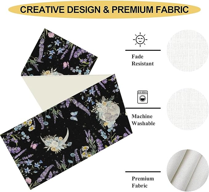Boho Floral Table Runner, Spring Gothic Moon Phase Wildflower Mystical Witchy Farmhouse Coffee Table Center Decor for Home Kitchen Dining Patio Holiday Party Table Decorations 13x72 inches
