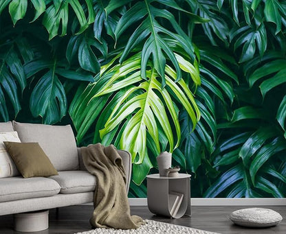 Green Banana Leaves Wallpaper Mural Tropical Jungle Botanical Monsteras Wallpaper for Living Room Bedroom(Not Self-Adhesive)