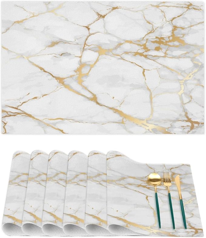 PVC Placemats Set of 4 White Gold Marble Wipeable Table Mats Washable Heat Resistant Non Slip Vinyl Dining Table Mat for Kithen Indoor Outdoor Patio Farmhouse Place Mats Decorative