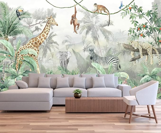 Kids Wallpaper Tropical Leves and Safari Animals Wall Mural for Wall Bedroom Living Room TV Background Sofa Wall（Not Peel and Stick）