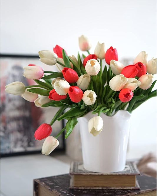 FiveSeasonStuff Real Touch Tulips Artificial Flowers – 15 Stems Faux Tulip Bouquet in Gift Box for Wedding, Home Decor, Party, Floral Arrangements (Scarlett Red)