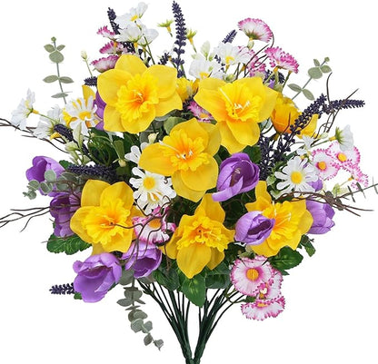Fake Flowers Outdoor 15.7" Summer Artificial Wildflowers Bouquet Mixed Bush Faux Silk Flowers for Home Planter Porch Garden Cemetery Table Centerpieces Indoor Décor (Daffodils Tulips Daisies)