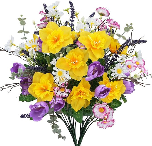 Fake Flowers Outdoor 15.7" Summer Artificial Wildflowers Bouquet Mixed Bush Faux Silk Flowers for Home Planter Porch Garden Cemetery Table Centerpieces Indoor Décor (Daffodils Tulips Daisies)