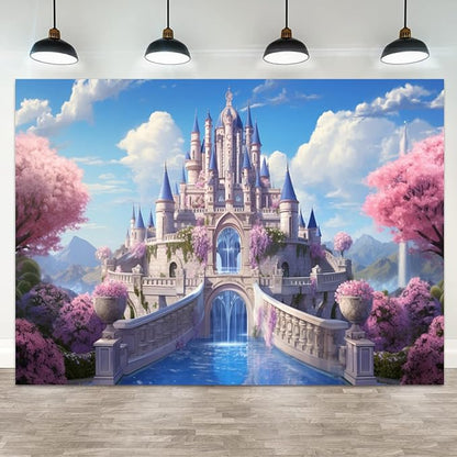 5x4ft Princess Castle Backdrop Pink Floral Blue Sky Photography Background White Cloud Forest Mountain Girls Birthday Baby Shower Banner Decorations Wedding Party Portrait Photo Booth Prop
