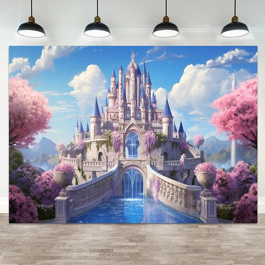 12x8ft Princess Castle Backdrop Pink Floral Blue Sky Photography Background White Cloud Forest Mountain Girls Birthday Baby Shower Banner Decorations Wedding Party Portrait Photo Booth Prop