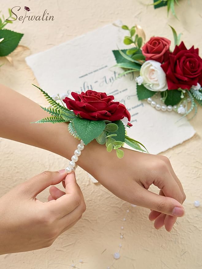 Serwalin 6 PCS Burgundy Wrist Corsage for Wedding, Roses Wrist Corsage for Prom Homecoming Party Corsage Hand Decor for Bride Bridesmaids, Mother of Bride and Groom