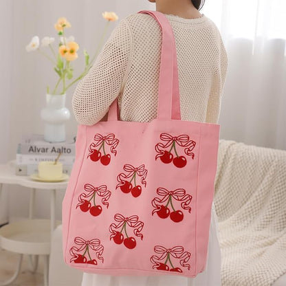 Aesthetic Embroidery Tote Bag for Lady Cute Reusable Canvas Shoulder Bag for Girls Women Shopping Grocery