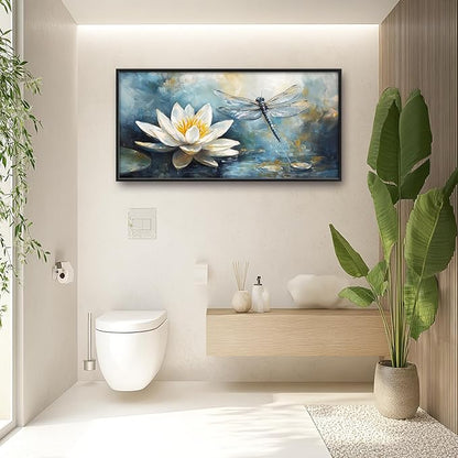 Extra Large Lotus Dragonfly Framed Wall Art for Living Room,Abstract Blue Lotus Flower Lake Pictures Wall Decor,Nature Canvas Print Painting Modern Artwork Bedroom Office Bathroom 60L x 30W