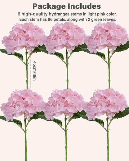 6PCS Premium Pink Hydrangea Artificial Flowers Bouquets, Light Pink Silk Hydrangea Flowers Heads with Stems, Fake Hydrangeas Flowers Arrangement, Faux Hydrangea Decor for Home Wedding Party