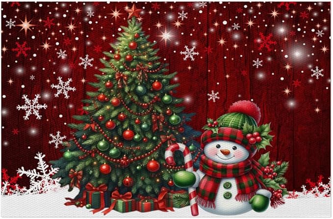 Xmas Christmas Tree Snowman Red Placemats Set of 6 PVC Vinyl Non Slip Table Mats Heat Resistant Place Mats Washable Wipeable Dining Table Mat for Kitchen Decor Party Indoor Outdoor Decorative Gift