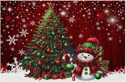 Xmas Christmas Tree Snowman Red Placemats Set of 6 PVC Vinyl Non Slip Table Mats Heat Resistant Place Mats Washable Wipeable Dining Table Mat for Kitchen Decor Party Indoor Outdoor Decorative Gift