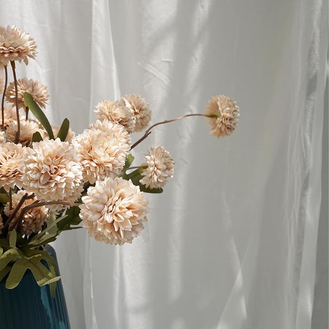 Faux Kiku Flower - Beige 12 Stems Artificial Silk Flowers for Home Decor Indoor Pompon Mums Fake Flowers Ball for Table Centerpieces Wedding Flowers Fillers