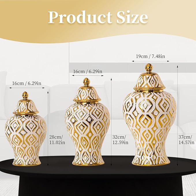 White and Gold Vase with Lid, Ginger Jars for Home Decor, Ceramic Flower Vase for Home, Kitchen, Bookshelf Decor, Storage jar, Table Center Vase, Centerpieces Jarrones(11in)