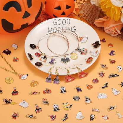 100Pcs 50 Pairs Halloween Charms for Jewelry Making and Bracelets, Gold Enamel Jewelry Pendants for Halloween Earring Bracelet Necklace Craft Making