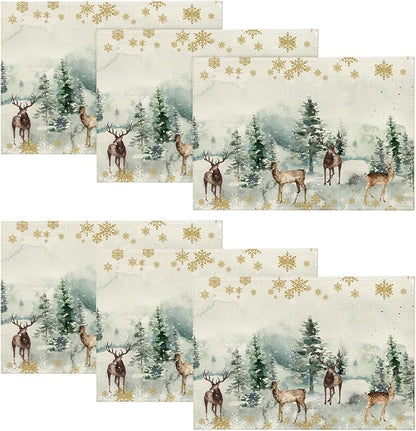 Artoid Mode Watercolor Deer Trees Snowflakes Christmas Placemats for Dining Table, 12 x 18 Inch Seasonal Winter Xmas Holiday Rustic Vintage Thanksgiving Washable Table Mats Set of 6