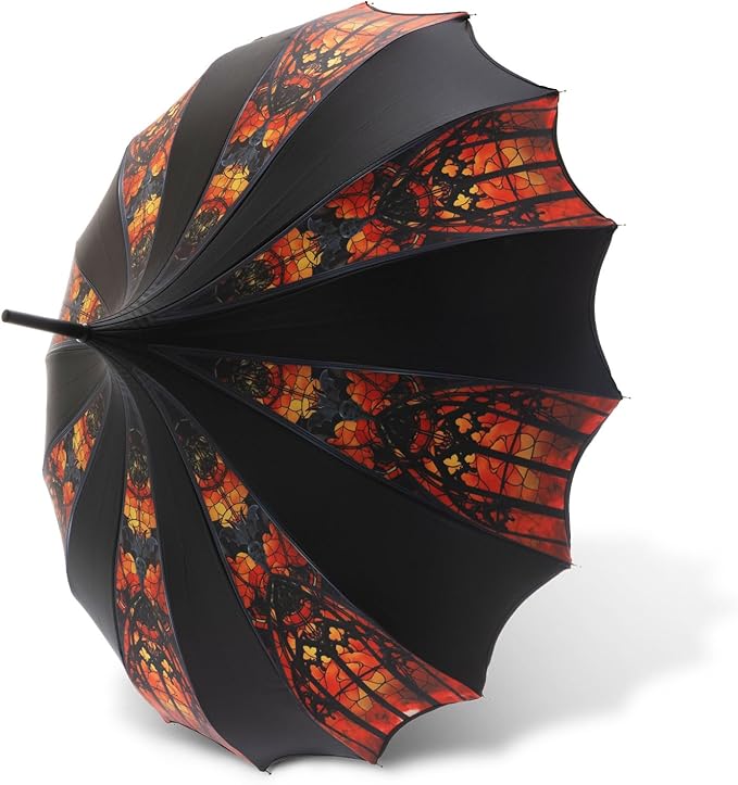 Pagoda Umbrella - Artisan Design with Bat Wing Scalloped Edges, Full Size Waterproof Windproof UV Protection Gothic Parasol with Carry Case