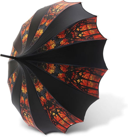 Pagoda Umbrella - Artisan Design with Bat Wing Scalloped Edges, Full Size Waterproof Windproof UV Protection Gothic Parasol with Carry Case