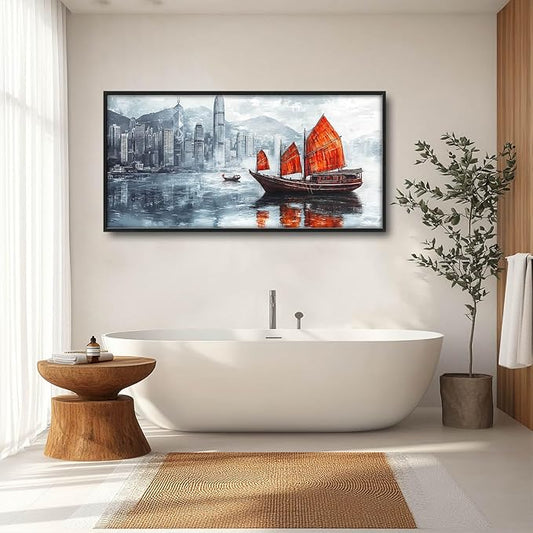 Cityscape Boat Large Wall Art Sailboat Pictures Wall Decor Coastal Canvas Ocean Nautical Print Painting Modern Artwork Home Decoration for Living Room Bathroom Bedroom Office Framed 60"x30"