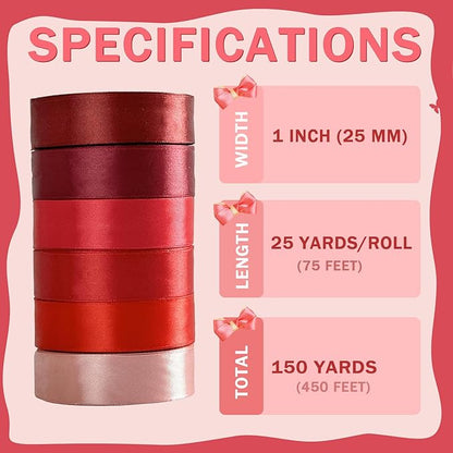 150 Yards Red Satin Ribbon 1 Inch 6 Rolls Assortment Ribbons for Crafts Gift Wrapping Flower Bouquet Wedding Invitations Birthday Party Festival Decoration Hair Bows