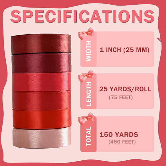 150 Yards Red Satin Ribbon 1 Inch 6 Rolls Assortment Ribbons for Crafts Gift Wrapping Flower Bouquet Wedding Invitations Birthday Party Festival Decoration Hair Bows