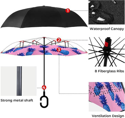 Inverted Umbrella, 49 Inch Double-Layer Vented Reverse Umbrella, Windproof Waterproof UV Protection, Lightweight C-Handle, Fiberglass Ribs, Steel Shaft, Travel/Commute/Car Use, With Sleeve