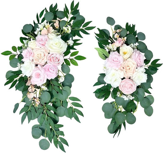Artificial Wedding Arch Flowers (Pack of 2), White Wedding Flowers for Wedding Welcome Ceremony Sign, Faux Floral Swags, Banquet and Reception Backdrop Floral Decoration (White & Pink)