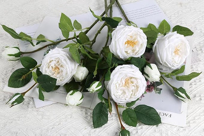 Real Touch White Austin Roses Peonies Artificial Flowers 4 Bouquets Latex Fake Peonies with Long Stem Realistic Faux Peony for Wedding Party Home Table Centerpieces Decorations (White)
