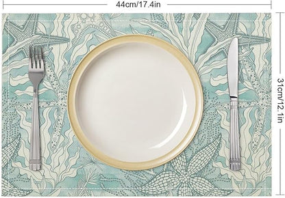 Nautical Placemats Beach Ocean Starfish Seashell Coral Art Printed Dining Table Mats Set of 4 for Restaurant Home Kitchen Holiday Picnic Party Decor 12x18in