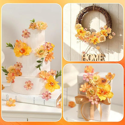 210Pcs Mini Fall Fake Flower Heads Orange Small Silk Faux Flower Heads Artificial Rose Daisy Multicolor Flowers Bulk for Cake Crafts DIY Graduation Cap Wedding Hair Dresses Wreath Party Home Decor