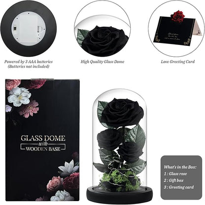 3 Preserved Flowers Roses in Glass Dome with Light for Beauty and The Beast Decor Real Rosas Eternas for Women Mom Birthday,Forever Black Roses for Delivery, Christmas for Wife Girlfriend Her