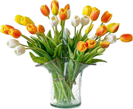 40pcs Artificial Tulips Flowers, Real Touch Latex Bouquet, Fake Tulips for Office Wedding Party Home Kitchen Garden Decoration-B Orange Suit