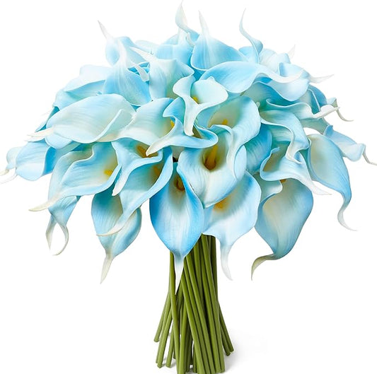 24 Pcs Artificial Calla Lily Flowers Light Blue Fake Silk Flowers Real Touch for Wedding Bouquet Office Home Kitchen Decor (White Blue)