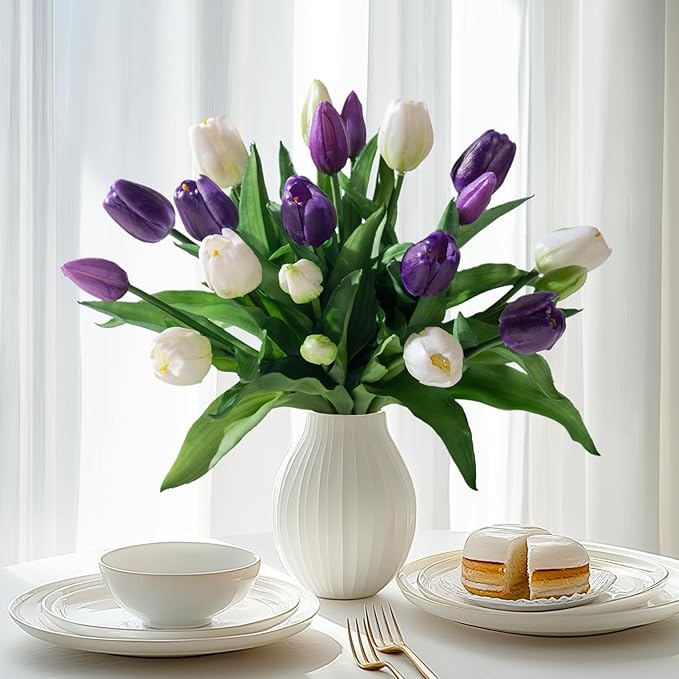 20PCS Fake Tulips Artificial Tulip Silk Flowers Fake PU Bouquet Artificial Flowers Faux Flowers with Gift Box Soft Faux Tulips Bouquets Arrangements for Party Wedding Home