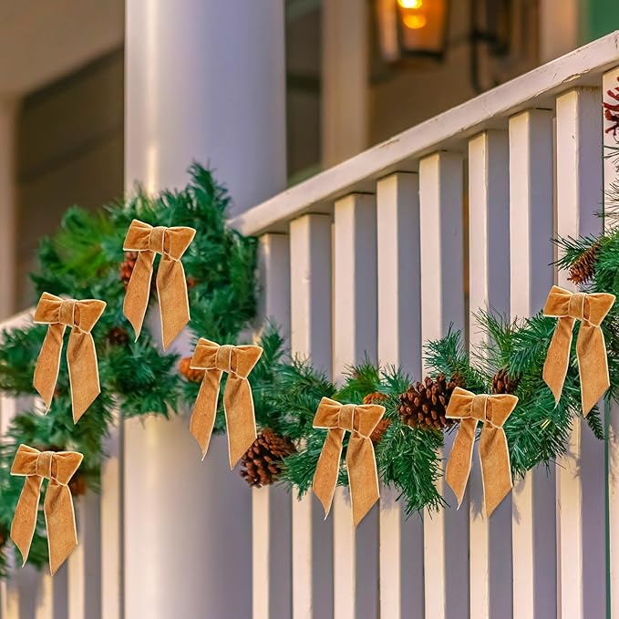 30 Pcs Velvet Ribbon Bows 5" x 4" Pre Tied Christmas Velvet Bows with Twist Tie for Gift Packaging Christmas Tree Wreaths Door Windows Wedding Party Decoration (Golden Brown)