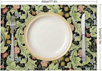 William Morris Placemats Rural Farmhouse Vintage Floral Art Printed Dining Table Mats Set of 4 for Home Kitchen Holiday Picnic Party Decor 12x18in