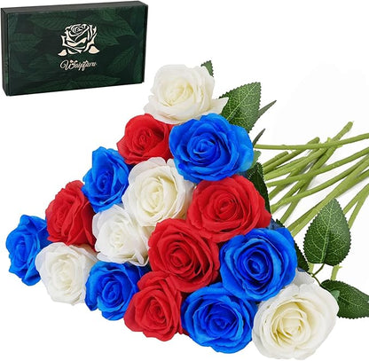 Waipfaru 16 Pcs Memorial Day Flowers for Cemetery Grave, Red White and Blue Flowers, Fake Roses Artificial Flowers 4th of July Independence Day Patriotic Decor