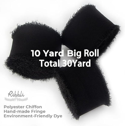 Ribbli Black Chiffon Ribbon - 1.5 inch x 30 Yard Handmade Silk, Fringe Chiffon for Wedding Invitations, Gift Wrapping, Bridal Bouquets, Flower Arrangement