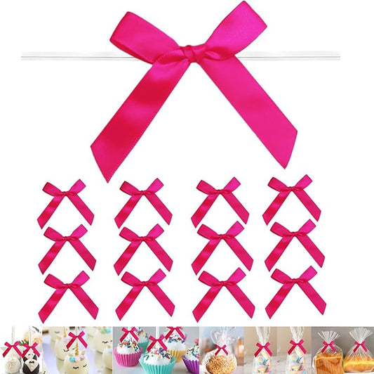 100 PCS 3 Inch Hot Pink Twist Bows for Treat Bags, Satin Twist Tie Bows, Pre Tied Bows with Wire, Ribbon Bows with Twist Ties, Bow Ties for Gift Bags, Popcorn Bags, Cookie Bags, Party Favors