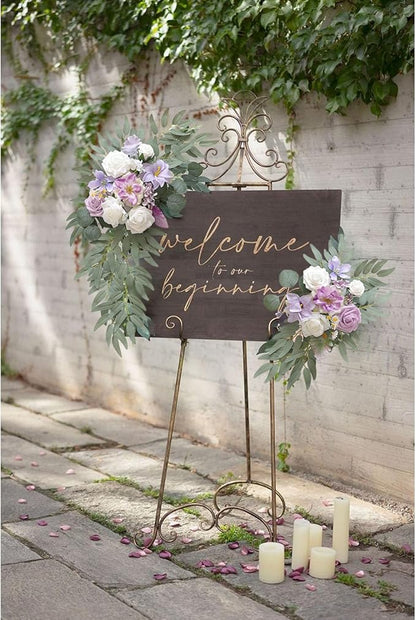 Faux Flower Swag Set of 2, Purple Artificial Flowers Swags for Wedding Arch, Wedding Welcome Signs, Welcome Reception Ceremony Signs Decorations