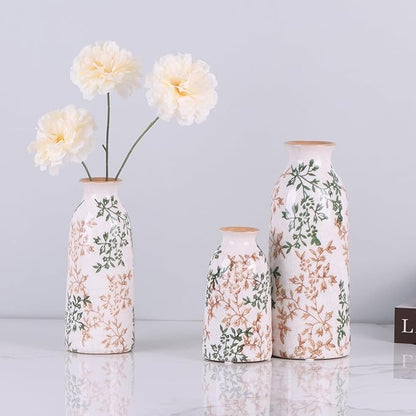 Ceramic Vase Set of 3, Vintage Green and Beige Vases Set, Flower Rustic Chinoiserie Vases Floral Grand Millennial Farmhouse Decor Vase (Green and Beige-Set of 3)