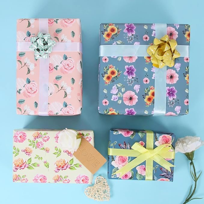 Aimyoo Blue Floral Wrapping Paper Jumbo Roll 17 in x 60 ft, All Accasion Pink Flower Gift Wrap for Wedding Birthday Bridal Shower