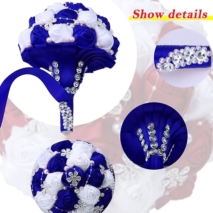 Handmade Wedding Flowers Bridal Bouquets Crystal Bride Holding Bouquet White Ivory Satin Roses with Diamond Pearl Ribbon.(bluewhite)