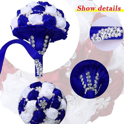 Handmade Wedding Flowers Bridal Bouquets Crystal Bride Holding Bouquet White Ivory Satin Roses with Diamond Pearl Ribbon.(bluewhite)