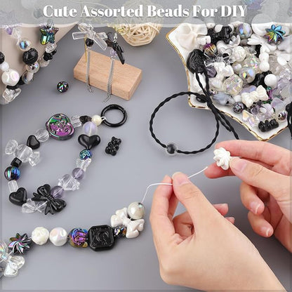 Assorted 200-260PCS Black Acrylic Beads for Bracelet Making, Flower Bow Candy GummyBear Bracelet Charms,Cute Beads for Jewelry Making DIY Necklace Keychain Phone Charm Christmas Gift