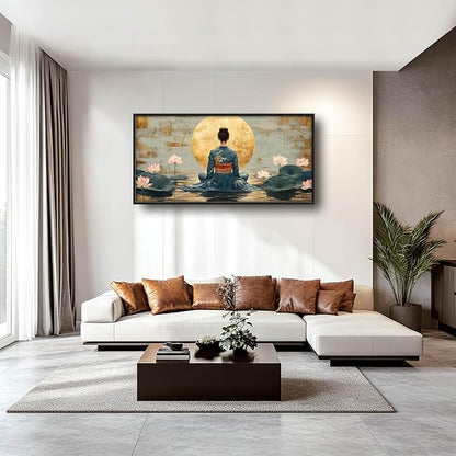 Japanese Woman Large Wall Art Lotus Moon Pictures Wall Decor Nature Canvas Landscape Print Painting Modern Artwork Home Decoration for Living Room Bathroom Bedroom Office Framed 60"x30"