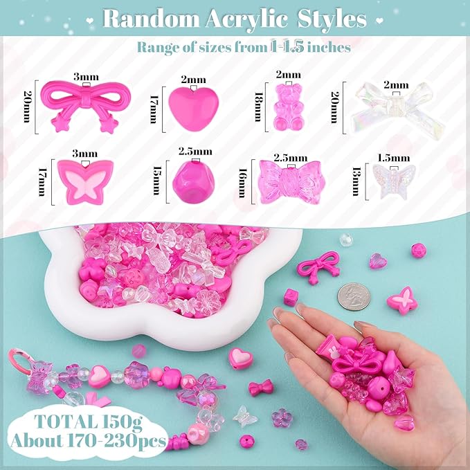 Assorted Acrylic Beads, 200-260PCS Rose Pink Cute Beads for Bracelet Making, GummyBear Bow Flower Kawaii Charms for Jewelry Making DIY Necklace Keychain Phone Charm Christmas Gift