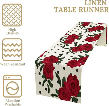 Red Rose Print Table Runner, Romantic Valentines Vintage Rose Spring Summer Dinner Runner Table Decoration for Home Kitchen Dining Holiday Wedding Party 13x120in